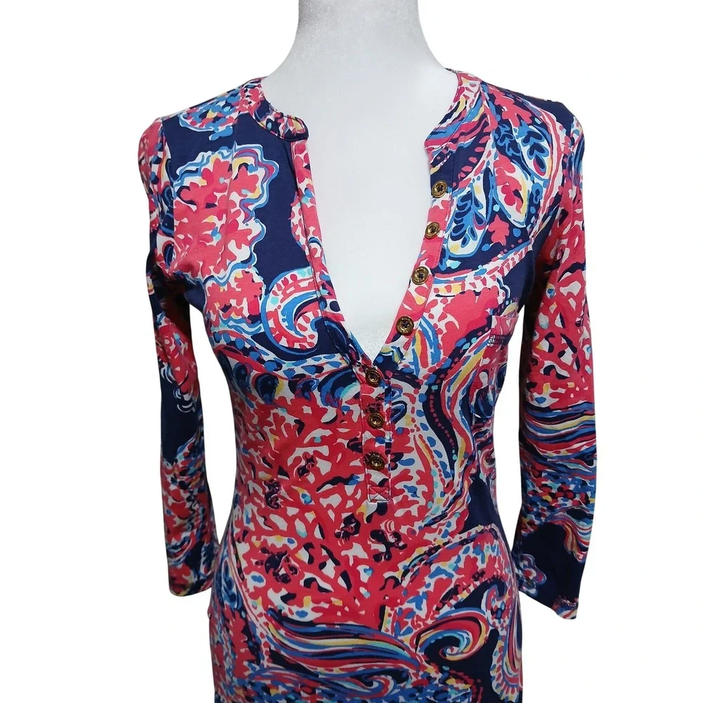 Lilly Pulitzer Pima Cotton Maxi Dress Pink Navy Paisley V-Neck XS 3/4 Sleeve